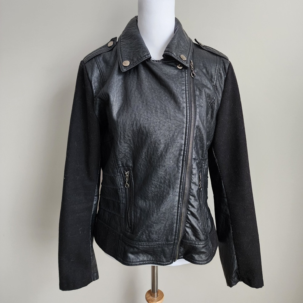 Dollhouse Biker Jacket‎ Women L Black Faux Leather Wool Blend Sleeves Moto Y2K